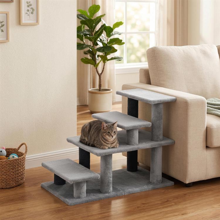 Gray plush pet stairs with four steps and top platform, tabby cat on step