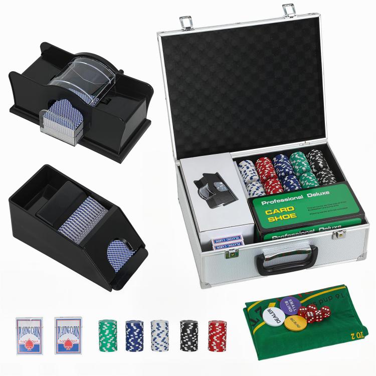 Poker chip set in open aluminum case with card shuffler, chips, and dealer button