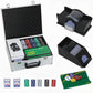 Poker chip set with open aluminum case, card shuffler, chip trays, and dealer items
