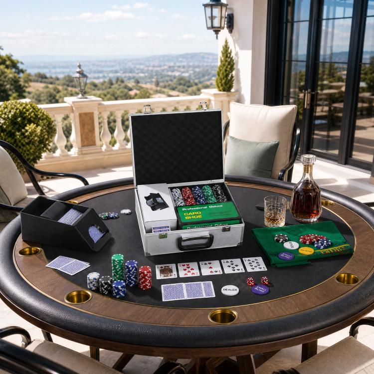 Poker chip set in open aluminum case with poker chips, playing cards, and dealer button