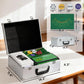 Poker chip set in aluminum carrying case with green mat, chips, and card shuffler