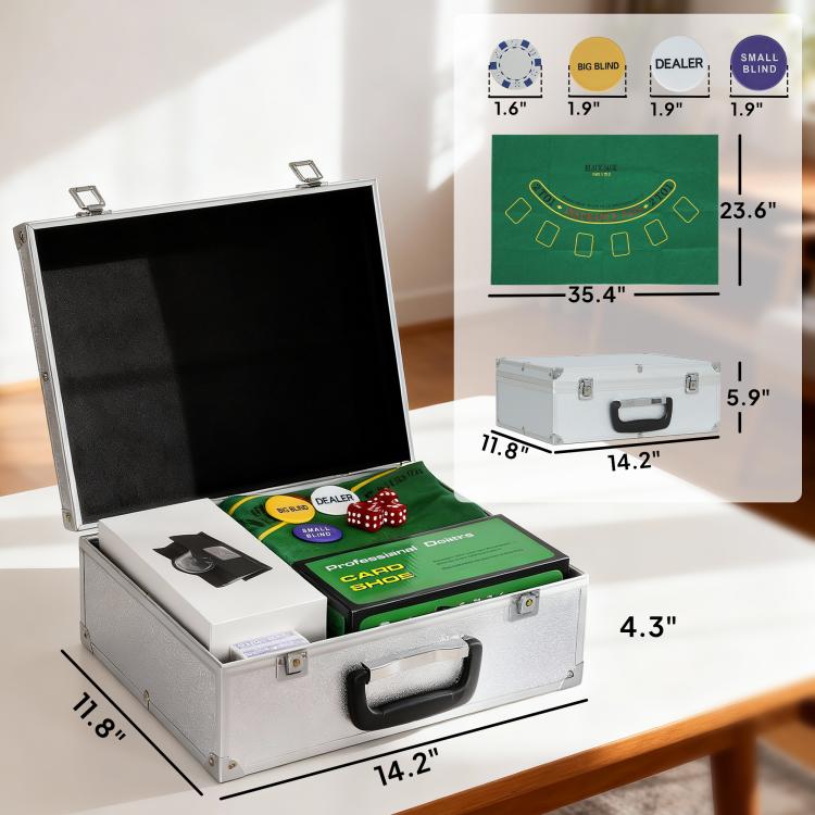 Poker chip set in aluminum carrying case with green mat, chips, and card shuffler