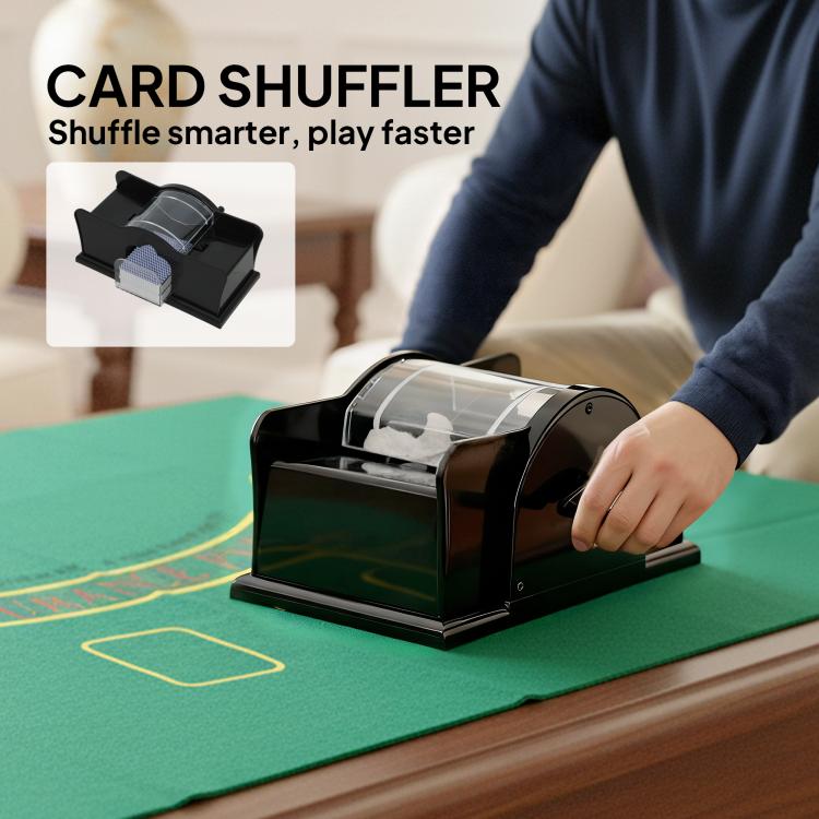 Black card shuffler with clear window on a poker table