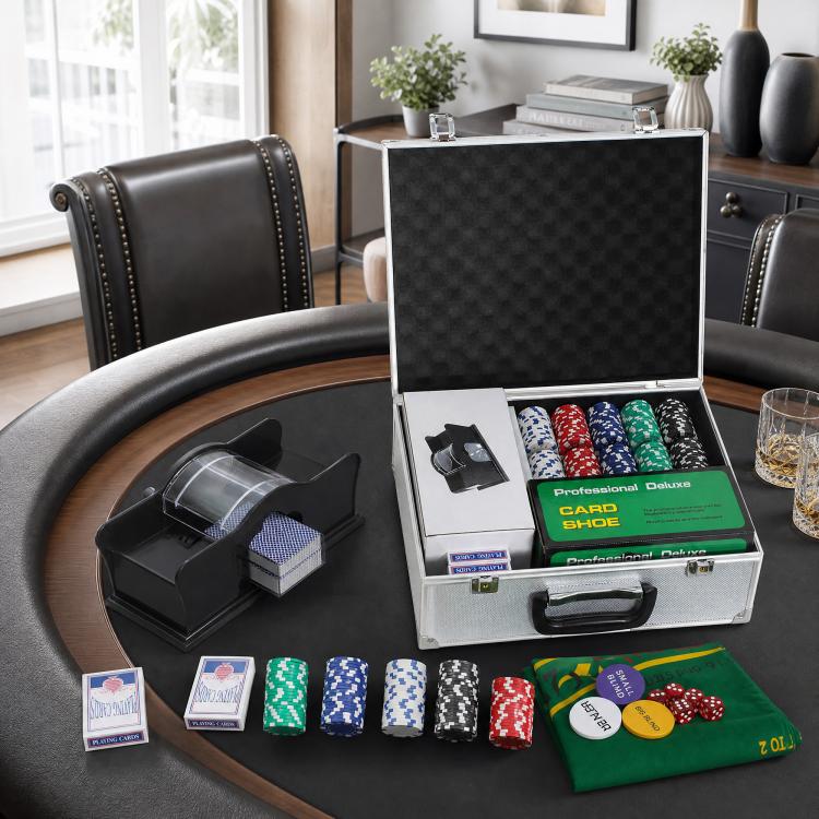 Poker chip set with open aluminum case, card shuffler, chips, and card decks on table