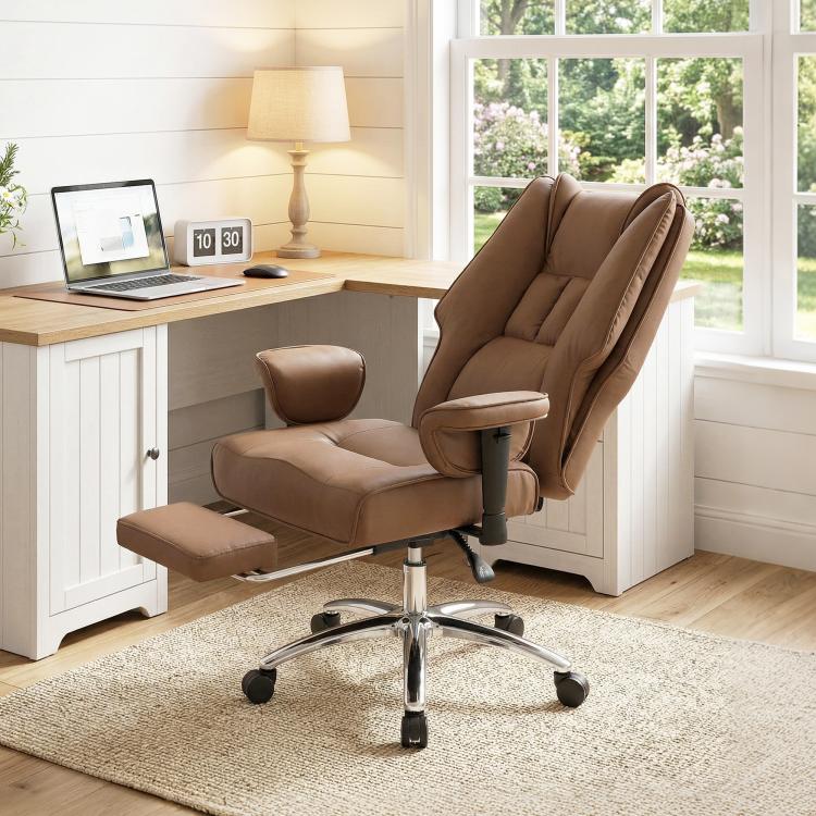 Brown ergonomic office chair with high back, padded armrests, and matching footrest