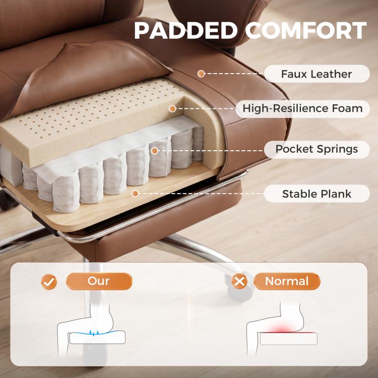Brown faux leather office chair seat with pocket springs, high-resilience foam, stable base