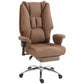 Brown high-back reclining office chair with padded armrests, footrest, and swivel base