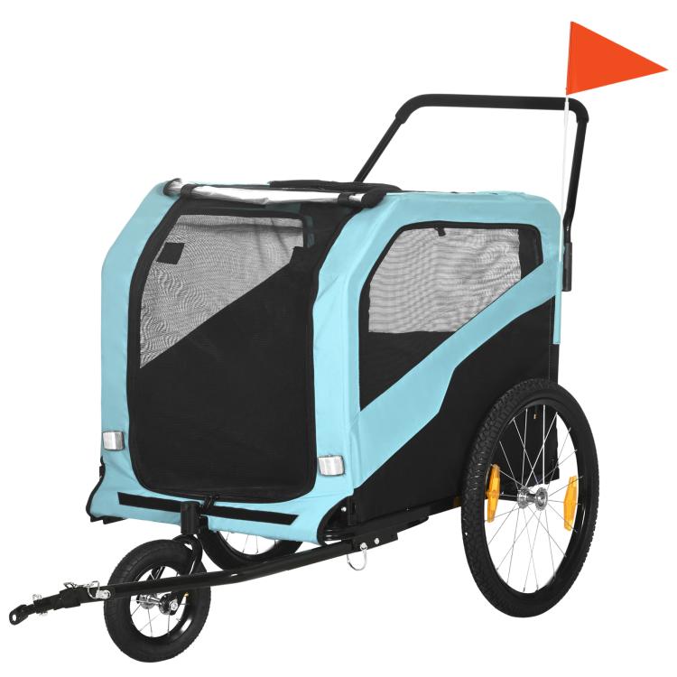 Blue and black dog bike trailer pet stroller with mesh windows, hitch and front wheel