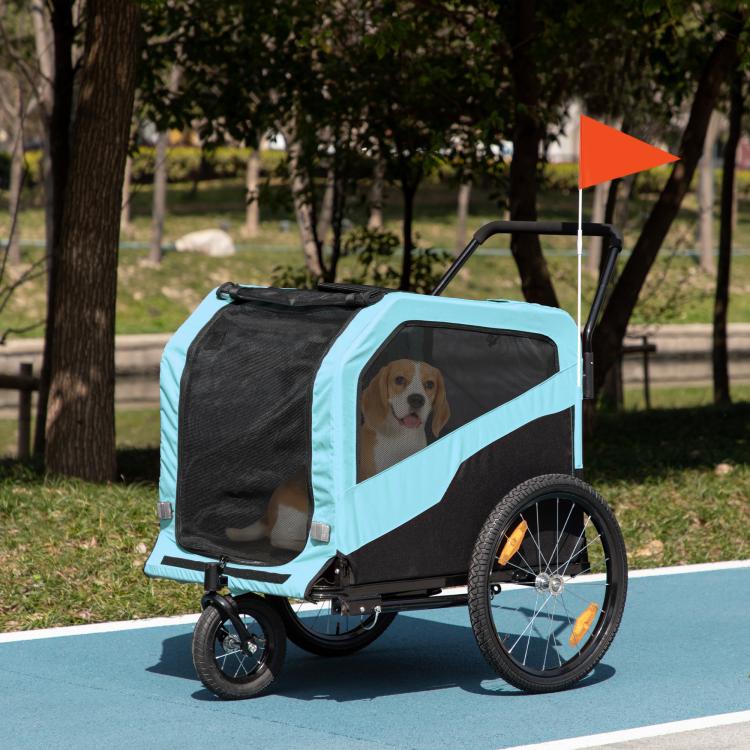 Blue dog pet trailer stroller with mesh door, black panels, and large wheels