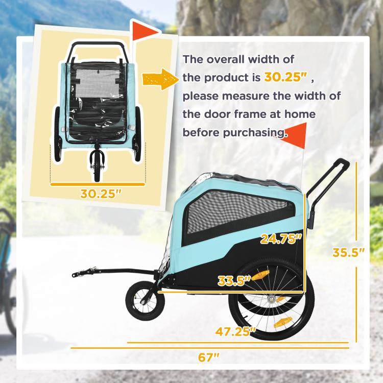 Blue dog bike trailer size diagram with side view and wheels