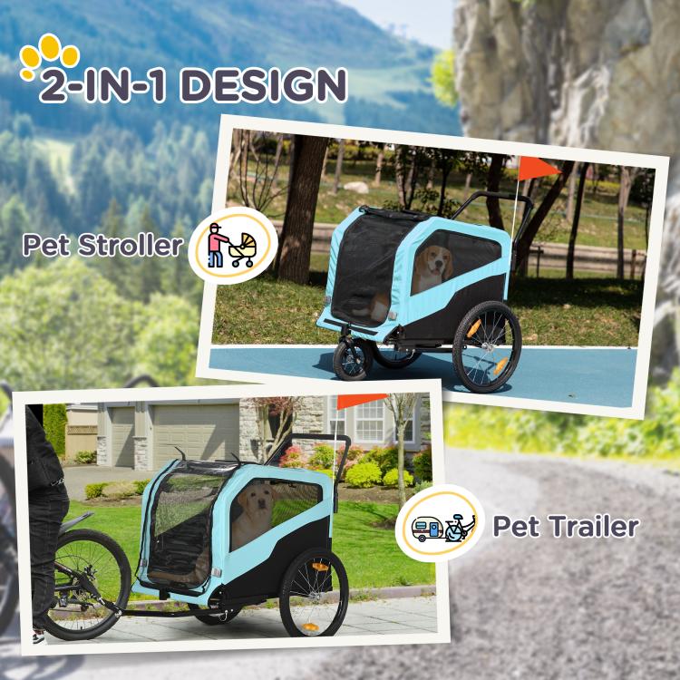 Blue dog pet stroller and bike trailer shown in two views with mesh windows