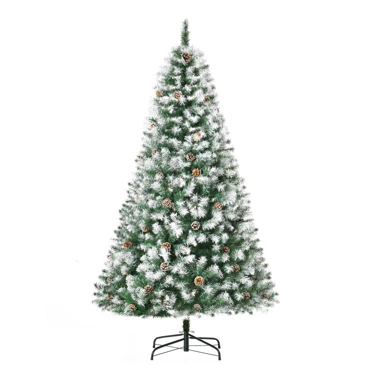 Snow-dusted artificial fir Christmas tree with pine cones and full, conical shape