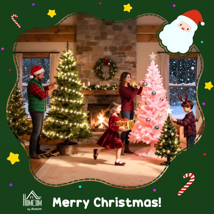 Snow-dusted artificial Christmas tree with realistic branches and pine cone ornaments