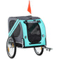 Green dog bike trailer with large wheels, three-door openings, and black mesh window