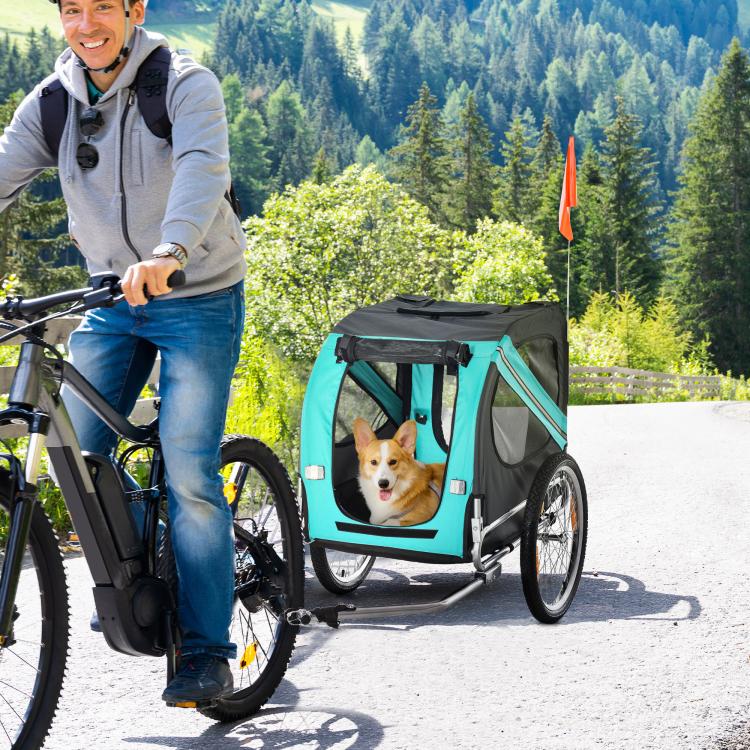 Green dog bike trailer with mesh cabin and orange flag, dog inside