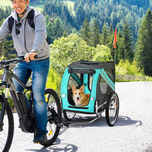 Green dog bike trailer with mesh cabin and orange flag, dog inside