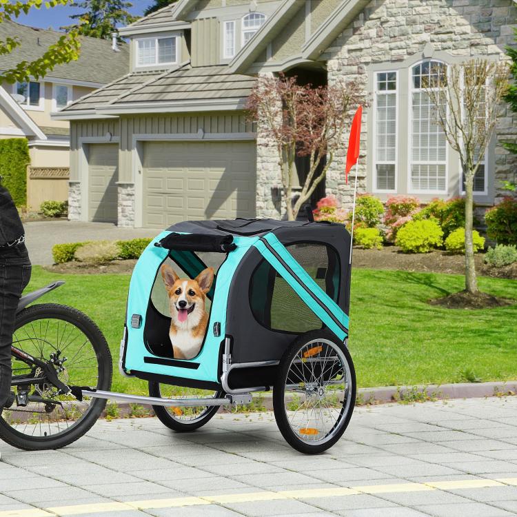 Green dog bike trailer with mesh cabin and orange flag, dog seated inside
