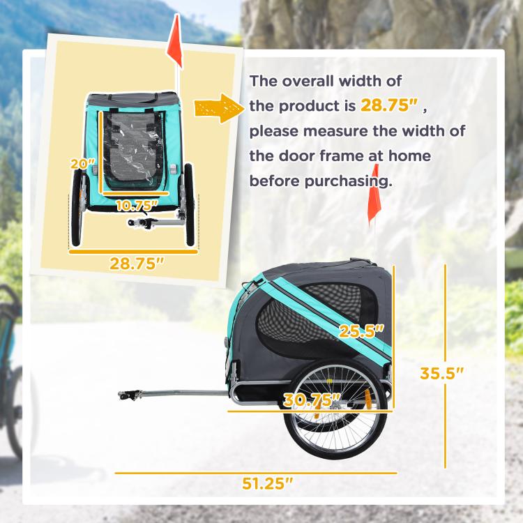 Dog bike trailer measurement diagram showing width, height, and door frame dimensions