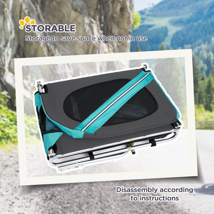 Dog bike trailer storage illustration showing folded cabin under a cover