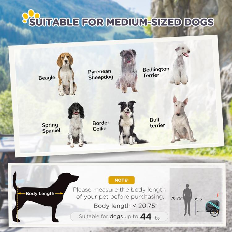 Dog bike trailer sizing chart with dog silhouettes and body-length guidance