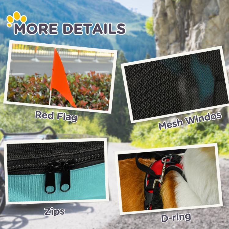 Dog bike trailer details: red flag, mesh windows, zippers, and D-ring