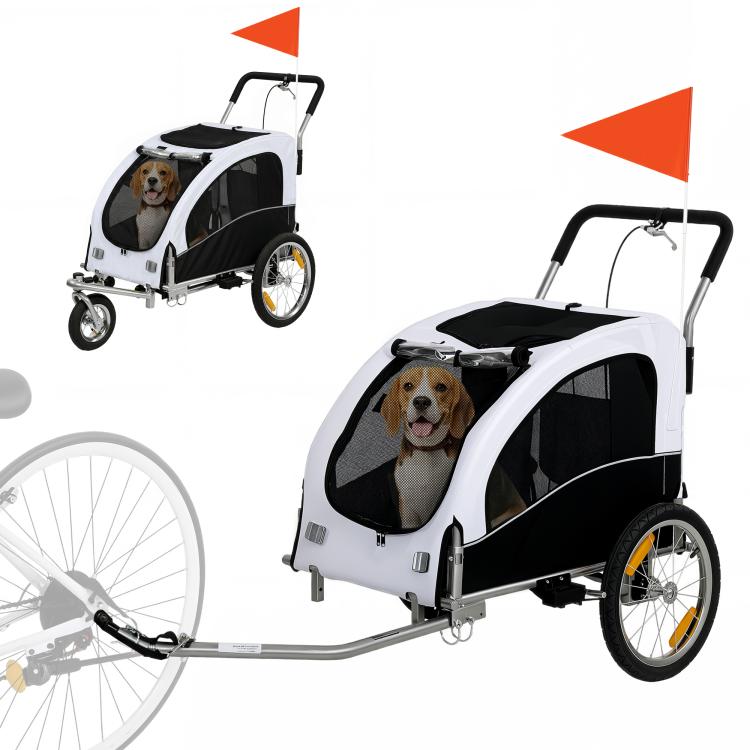 White foldable dog bike trailer with mesh side windows and rear flag, dog inside