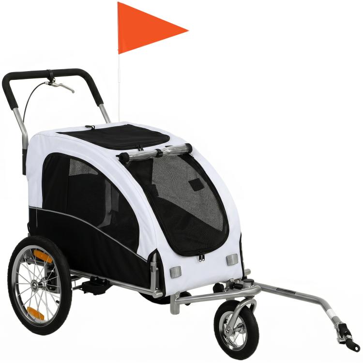 White pet bike trailer stroller with black handlebar, mesh side panels, and canopy top