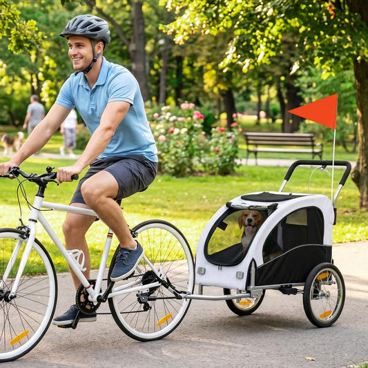 White pet bike trailer hitched to bicycle, dog seated behind mesh front window