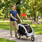 White dog bicycle trailer stroller with large wheels and mesh front viewing window