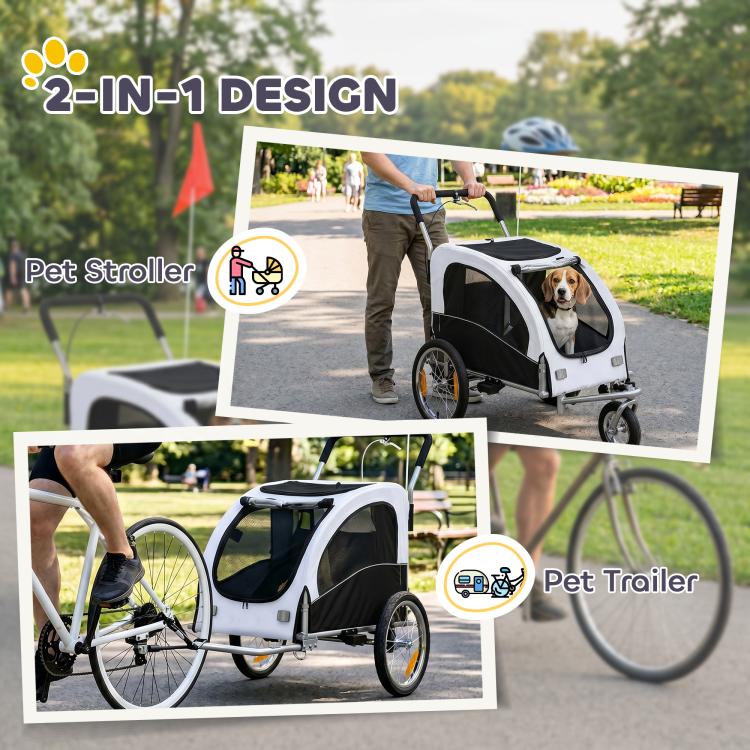White 2-in-1 pet stroller and bike trailer with mesh front door and black roof panel