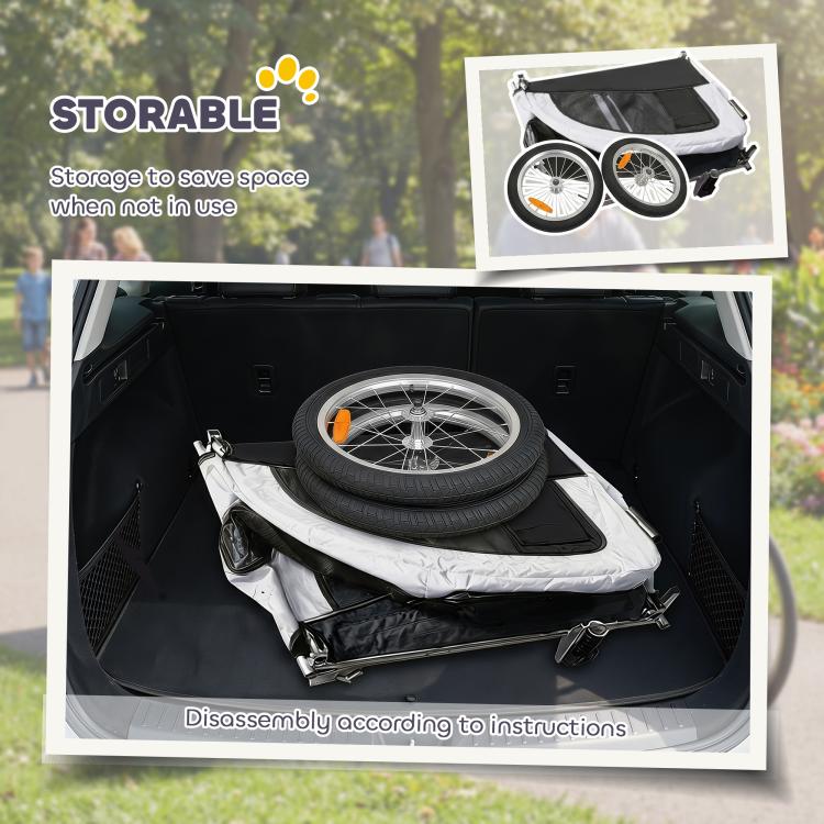 White pet trailer with open interior showing storage space and folded base insert