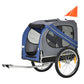 Blue and grey pet cargo bike trailer with front side door and large spoked wheels