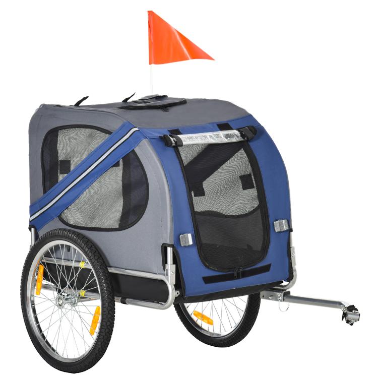 Blue and grey bike pet cargo trailer with mesh windows and large wheels