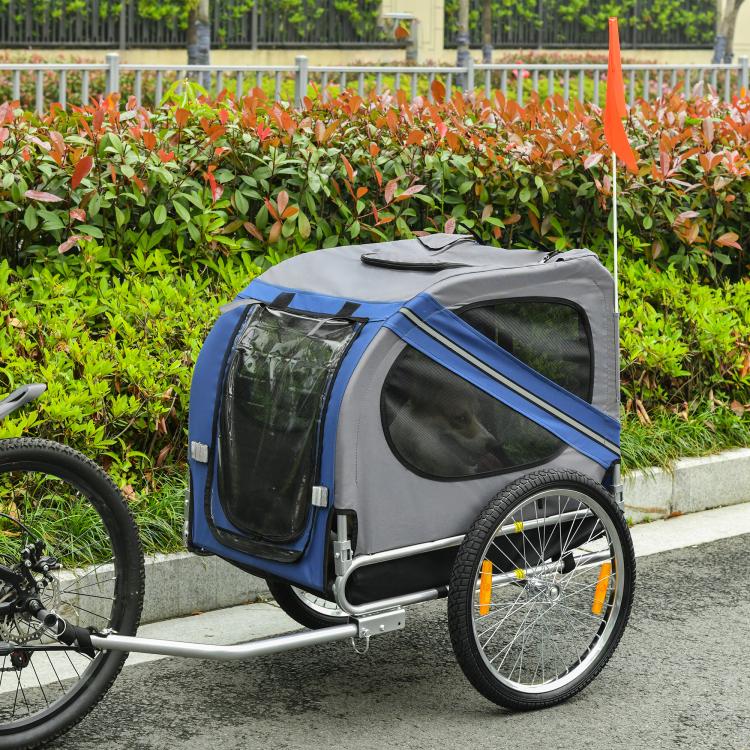 Blue and grey bike trailer with mesh windows, side entry, and large rear wheel
