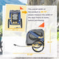 Blue and grey pet bike trailer with orange flag and size markings
