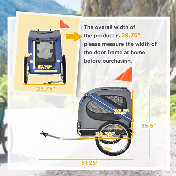 Blue and grey pet bike trailer with orange flag and size markings