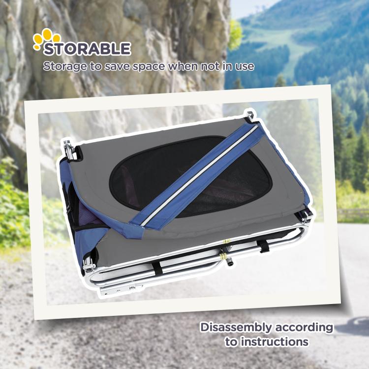 Blue and grey pet bike trailer with mesh window cover, stored in compact form