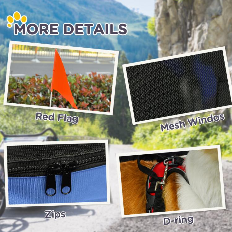 Blue and grey pet bike trailer with red flag, mesh windows, zippers, and D-ring