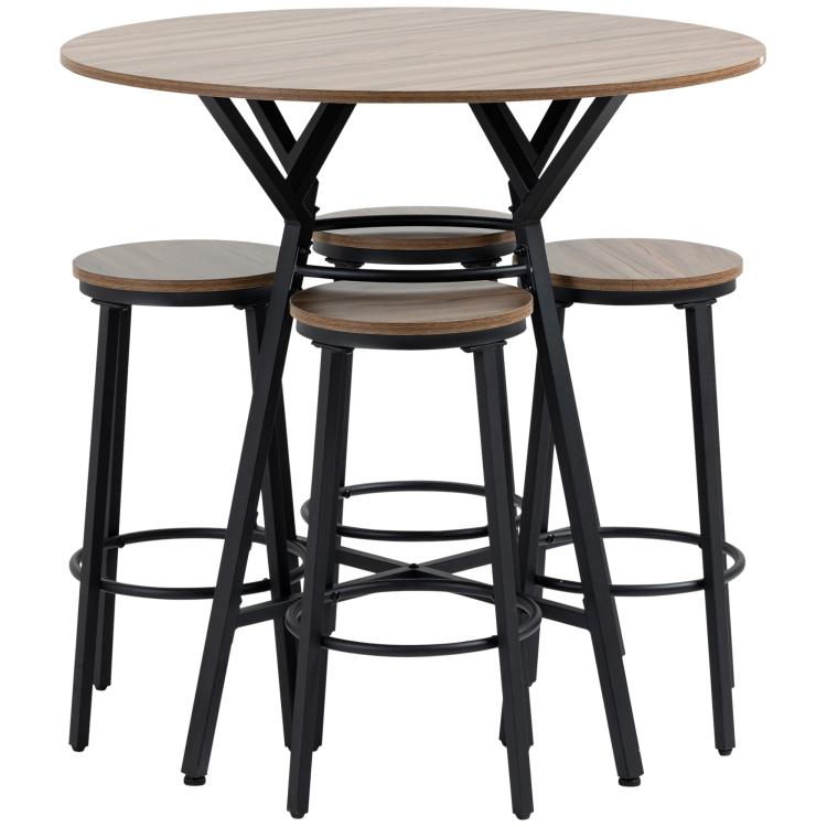 Round bar table with four stools, black metal X-frame and wood-look round seats.