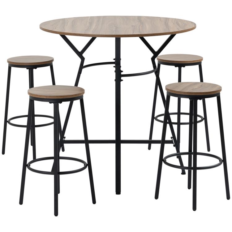 Round bar table with four matching bar stools, dark metal and wood tops