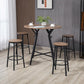 Round bar table and four stools for dining, black metal legs and wood-look seat tops.