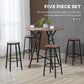 Five-piece bar dining set: round table with four stools, black metal legs and wood-look tops.