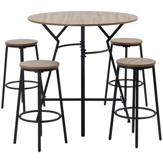 Round bar table with four matching stools, black steel legs, wood-look tabletop and seats.