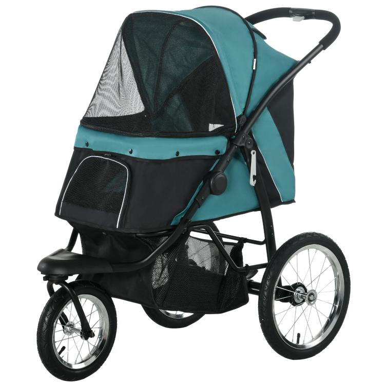 3-wheel pet stroller, dark green and teal fabric, front viewing panel and mesh canopy