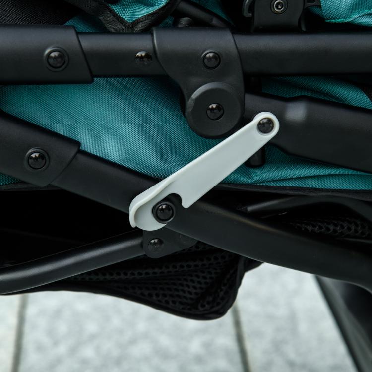 Dark green pet stroller frame with teal fabric and folding arm