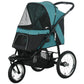 3-wheel pet stroller in dark green and teal with adjustable canopy and mesh basket