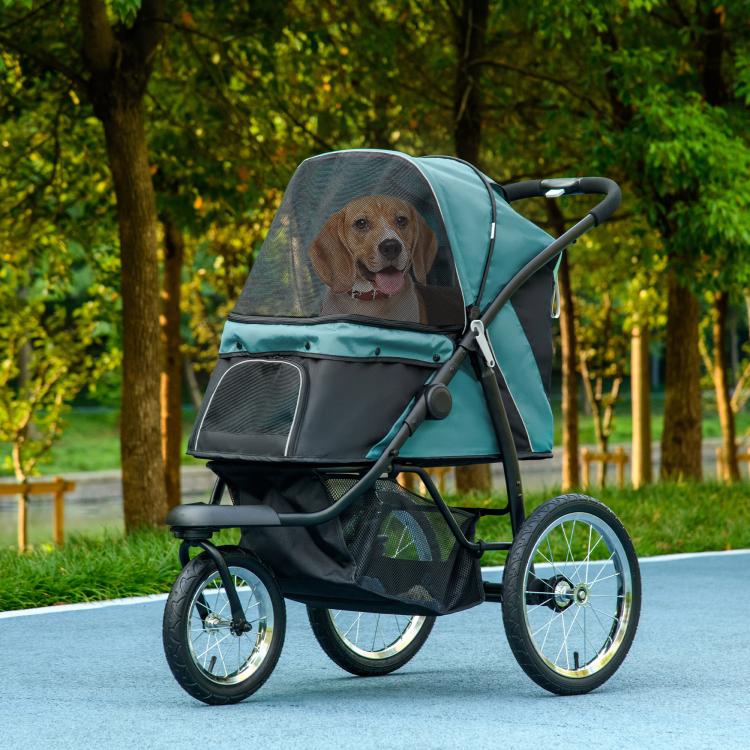 3-wheel pet stroller with teal canopy and dark mesh panels, pet opening on front