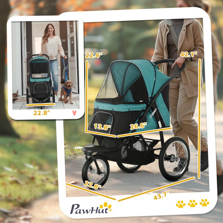3-wheel pet stroller with teal canopy and dark undercarriage, shown with size dimensions