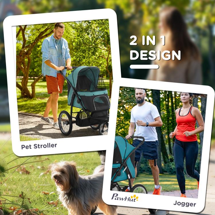 3-wheel pet stroller 2-in-1 design graphic showing stroller and jogger use