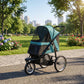 3-wheel pet stroller in dark green and teal with canopy, mesh sides, and 3-wheel frame